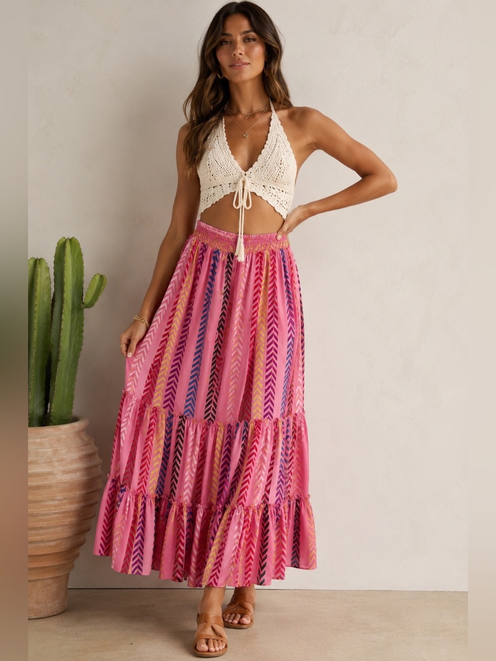 Pink Chevron Boho Maxi Skirt with Tiered Ruffle Hem